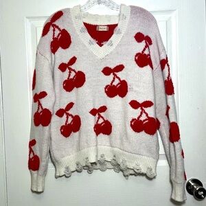 ALTAR’D STATE Cherry Print White V-Neck Distressed Sherpa Sweater | size small